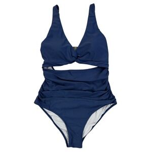 Charmo Maternity OnePiece Swimsuit XL Blue Ruched Cutout Monokini Vacation UPF50